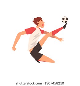 Professional Soccer Player Kicking Ball, Football Player Character in Uniform Training and Practicing Soccer Vector Illustration