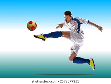 Professional soccer player kicking ball high in the air during a match, showcasing athleticism and skill