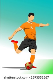 Professional soccer player kicking ball wearing orange uniform during championship match