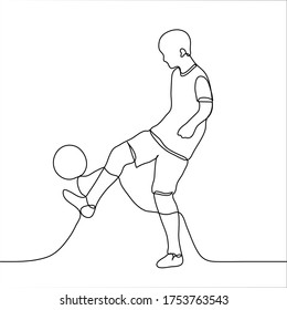 Professional soccer player kicks the ball. One continuous line drawing of a man in soccer uniform with a soccer ball is training. Vector illustration of an athlete