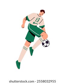 Professional soccer player kicks, hits ball with knee. Sportsman in uniform rushing to goal, wins in sport game. Athlete plays football match. Flat isolated vector illustration on white background