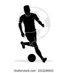 Professional soccer player running and dribbling a ball. Vector silhouette illustration