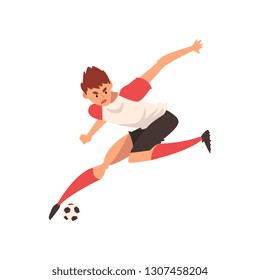 Professional Soccer Player Running and Kicking Ball, Football Player Character in Uniform Training and Practicing Soccer Vector Illustration