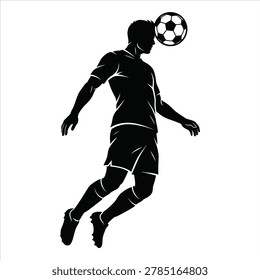 Professional soccer player silhouette performing an airborne header, great for use in football coaching, tournament banners, and fan artwork