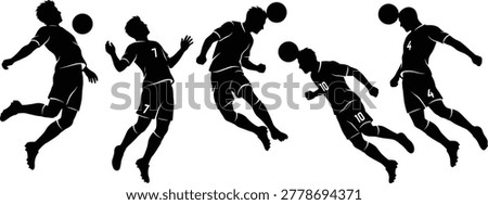 Professional soccer players silhouettes jumping to head the ball, football athlete action poses, sports competition game, match championship, dynamic movement illustrations.