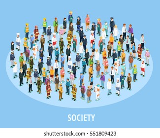 Professional society isometric background with people of different occupations and jobs isolated vector illustration