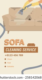 Professional sofa deep cleaning service vertical advertisement template. Hand cleaning dirty sofa with vacuum cleaner illustration.