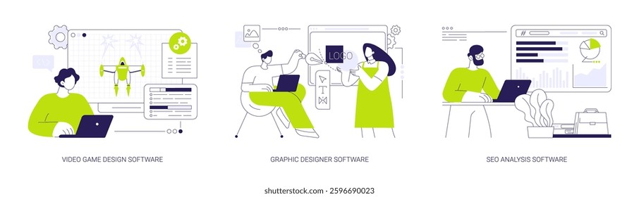Professional software abstract concept vector illustration set. Video game design and development, graphic design software, logo creation, professional SEO analysis, marketing tool abstract metaphor.