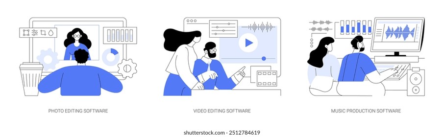 Software profissional para criativos conjunto de ilustrações isoladas de vetor de desenhos animados. Fotógrafo edição de fotos no computador, pós-produção de vídeo, equipe de filmagem, música processo de criação de desenhos vetoriais.