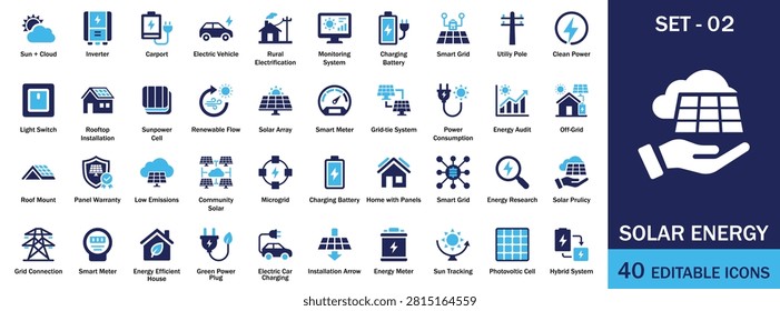Professional solar energy icon collection featuring photovoltaic panels, inverters, smart grids, electric vehicle, charging battery, storage, rooftop systems, energy monitoring, off grid solutions, utility poles, solar arrays, sustainability, innovation, alternative energy, power, hydrogen, website, isolated, solar panel, renewable energy, duotone, illustration, recycling, set, collection, element, contour, windmill, engineering, electricity, pictogram, pack and editable vector symbols. Perfect for engineering dashboards applications and commercial projects