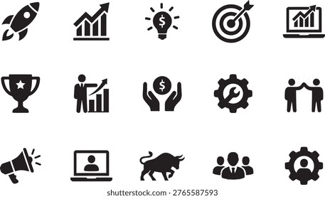 Professional solid glyph icon set for financial growth. Featuring rocket, bull market, and teamwork symbols. Ideal for corporate presentations, business websites, and financial reports requiring clean minimalist visual elements in black and white.