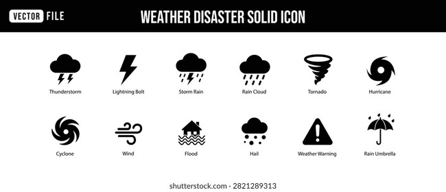 Professional solid glyph weather and natural disaster icon collection featuring thunderstorm, lightning, rain, tornado, hurricane, flood, hail, wind, umbrella, and warning symbols. Ideal for weather apps, emergency alerts, climate dashboards, safety guides, websites, presentations, and environmental projects.