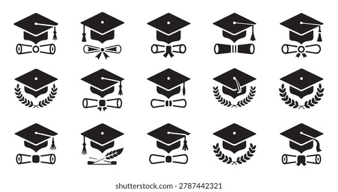 Professional solid graduation icons for academic branding. Symbolic elements for commencement and higher education.