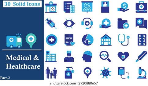 professional solid medical icon set covering healthcare, hospital services, doctors, nurses, pharmacy, emergency care, insurance, diagnosis, treatment, and health technology. ideal for medical websites, mobile apps, ui ux design, presentations, dashboards, and digital healthcare platforms