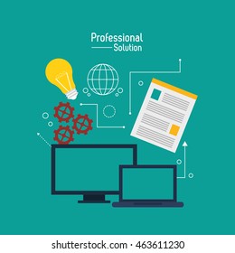 Professional solution concept represented by computer laptop and document icon. Colorfull and flat illustration.
