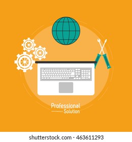 Professional solution concept represented by laptop screwdriver global and gears icon. Colorfull and flat illustration.