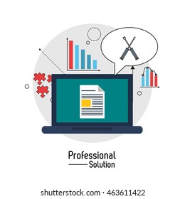 Professional solution concept represented by laptop and screwdriver icon inside bubble. Colorfull and flat illustration.