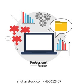 Professional solution concept represented by laptop file and infographic icon. Colorfull and flat illustration.