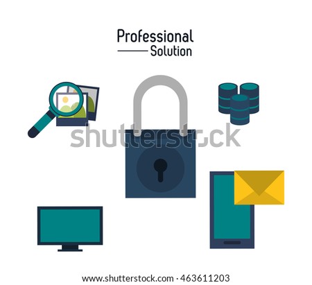 Professional solution concept represented by padlock and icon set. Colorfull and flat illustration.