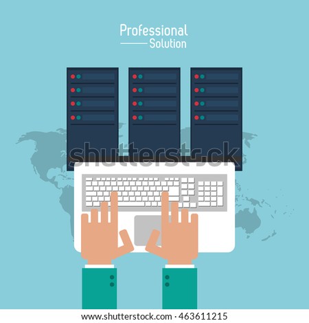 Professional solution concept represented by laptop and data center icon. Colorfull and flat illustration.