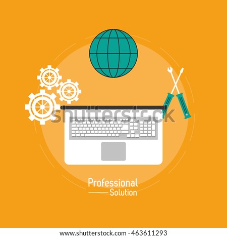 Professional solution concept represented by laptop screwdriver global and gears icon. Colorfull and flat illustration.