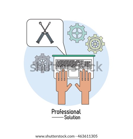 Professional solution concept represented by laptop and screwdriver icon inside bubble. Colorfull and flat illustration.