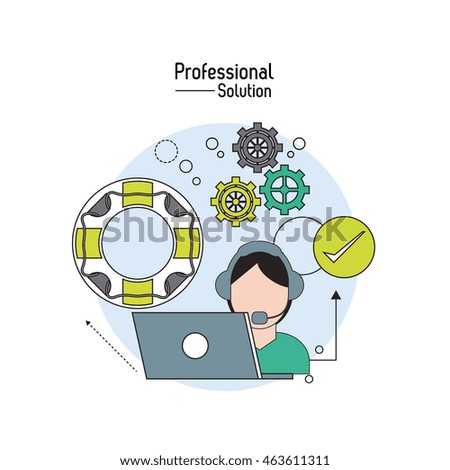 Professional solution concept represented by laptop and operator man icon. Colorfull and flat illustration.