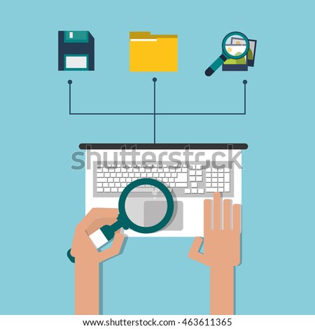 Professional solution concept represented by laptop file dikette photo and lupe icon. Colorfull and flat illustration.