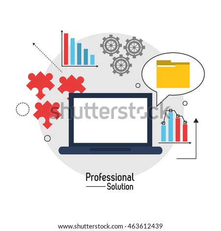 Professional solution concept represented by laptop file and infographic icon. Colorfull and flat illustration.