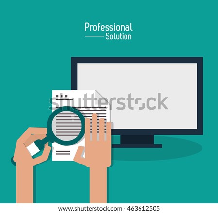 Professional solution concept represented by computer and document icon. Colorfull and flat illustration.