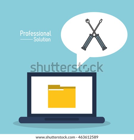Professional solution concept represented by laptop file and screwdriver icon inside bubble. Colorfull and flat illustration.