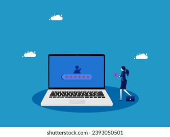 professional in solving problems. Businesswoman holds laptop to unlock