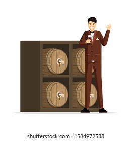 Professional sommelier flat vector illustration. Elegant man in tuxedo, taster holding wineglass cartoon character. Wine tasting expert, rich person enjoying vintage red wine, luxury lifestyle