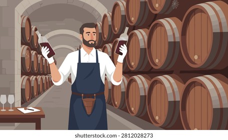 Professional sommelier holds two red wine bottles in a rustic stone cellar filled with rows of aging wood barrels.