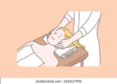 Professional spa salon, beauty services concept. Relaxed woman enjoying face lifting massage lying on couch, cosmetologist making skincare procedures. Simple flat vector