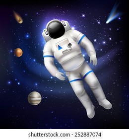 Professional spaceman astronaut in costume floating in outer space vector illustration