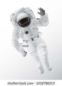 Professional spaceman in modern pressure suit with oxygen balon on back and tinted helmet isolated cartoon vector illustration on white background.