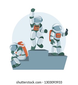 Professional spacemans in modern pressure suit and tinted helmet. Emotional triumph, winning and victory. Flat vector illustration for landing page template, web banner, infographics, hero images