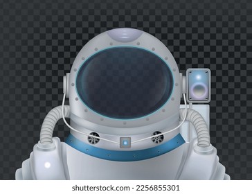 Professional spacesuit for astronaut realistic template with helmet and life support system at transparent background 3d vector illustration