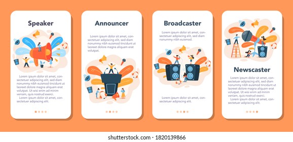Professional speaker, commentator mobile application banner set. Peson speaking to a microphone. Broadcasting or public address. Business seminar speaker. Isolated vector illustration
