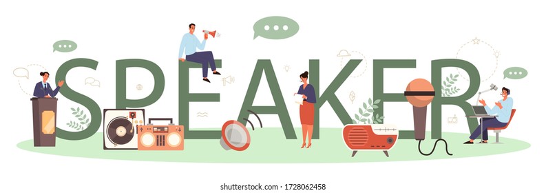 Professional speaker or commentator typographic header concept. Peson speaking to a microphone. Broadcasting or public address. Business seminar speaker. Isolated vector illustration