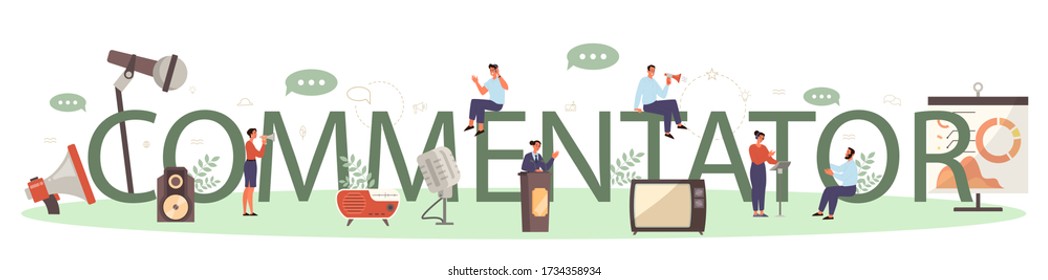 Professional speaker or commentator typographic header concept. Peson speaking to a microphone. Broadcasting or public address. Business seminar speaker. Isolated vector illustration