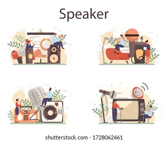 Professional speaker, commentator or voice actor concept set. Peson speaking to a microphone. Broadcasting or public address. Business seminar speaker. Isolated vector illustration