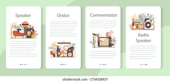 Professional speaker, commentator or voice actor mobile application banner set. Peson speaking to a microphone. Broadcasting or public address. Business seminar speaker. Isolated vector illustration