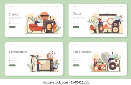 Professional speaker, commentator or voice actor web banner or landing page set. Peson speaking to a microphone. Broadcasting or public address. Business seminar speaker. Isolated vector illustration