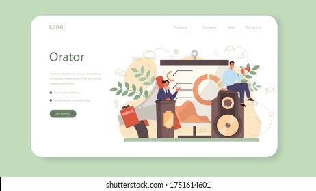 Professional speaker, commentator or voice actor web banner or landing page. Peson speaking to a microphone. Broadcasting or public address. Business seminar speaker. Isolated vector illustration