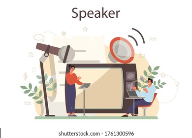 Professional speaker, commentator or voice actor concept. Peson speaking to a microphone. Broadcasting or public address. Business seminar speaker. Isolated vector illustration