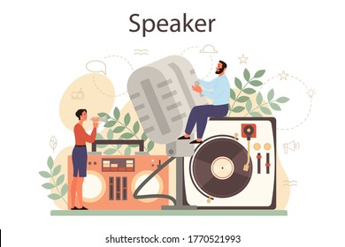 Professional speaker, commentator or voice actor concept. Peson speaking to a microphone. Broadcasting or public address. Business seminar speaker. Isolated vector illustration