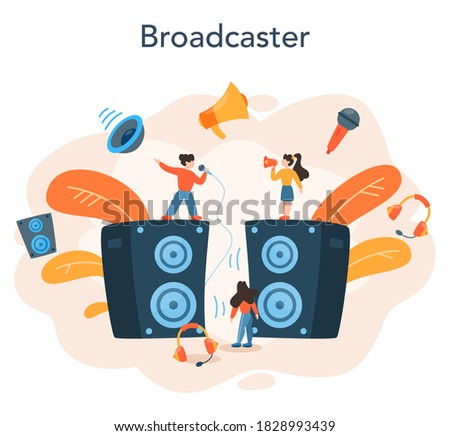 Professional speaker, commentator or voice actor concept. Peson speaking to a microphone. Broadcasting or public address. Business seminar speaker. Isolated vector illustration