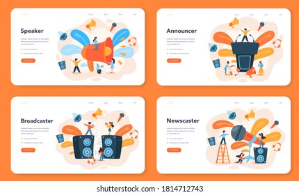 Professioneller Redner, Kommentator Web-Banner oder Landing-Page Set. Peson spricht mit einem Mikrofon. Rundfunk- oder öffentliche Anschrift. Business Seminar-Sprecher. Einzelne Vektorgrafik